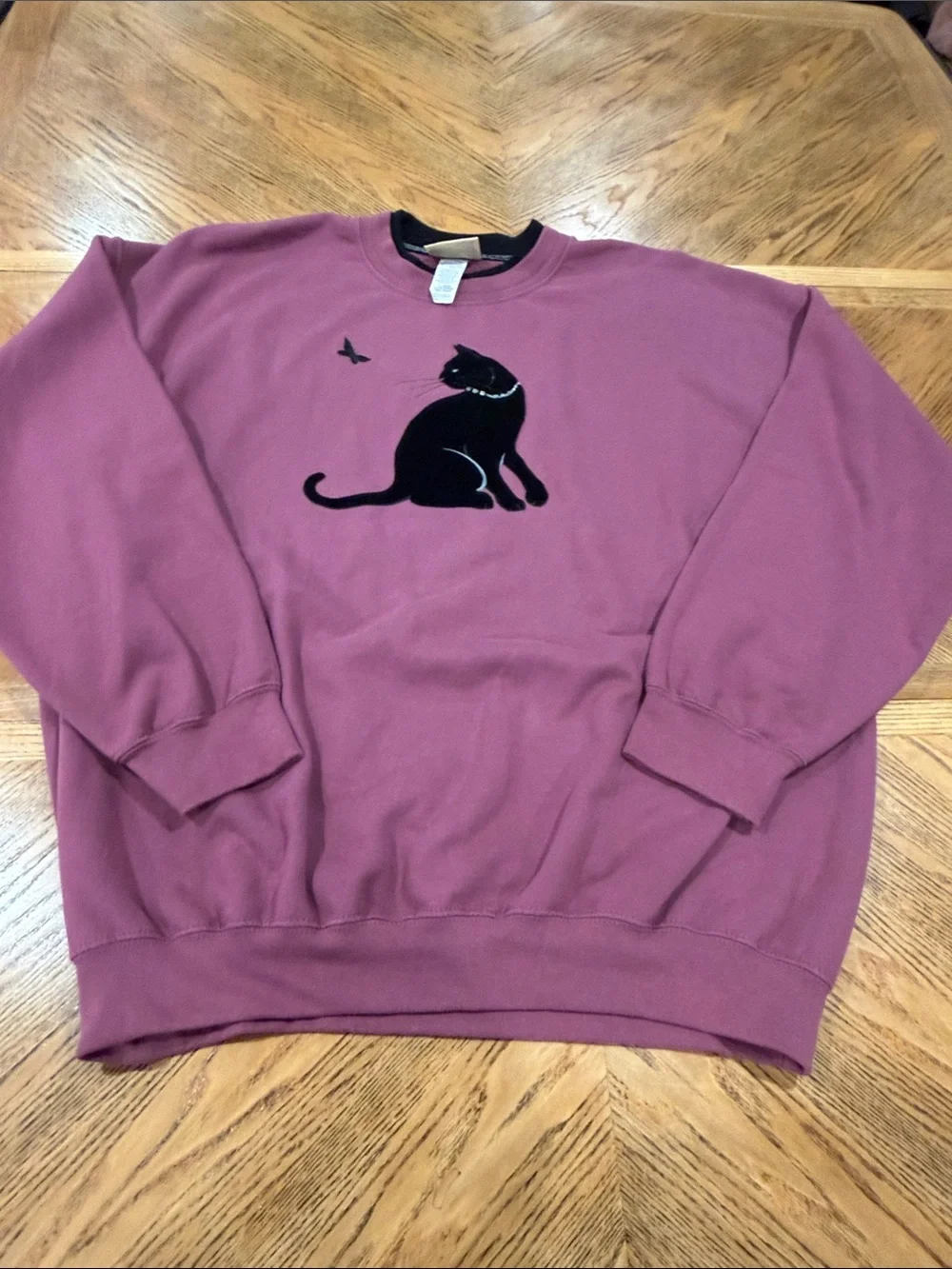 VTG 90s Top Stitch by Morning Sun Black Cat Velvet Pearl Collar Sweatshirt Pink